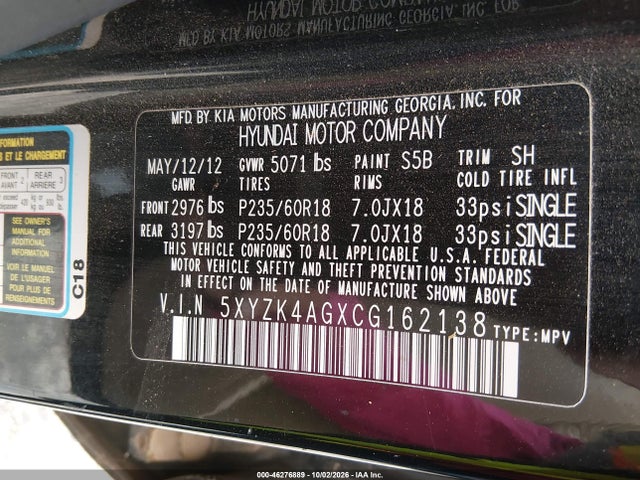 Продажа на аукционе авто 2012 Hyundai Santa Fe Limited V6, vin: 5XYZK4AGXCG162138, номер лота: 46276889