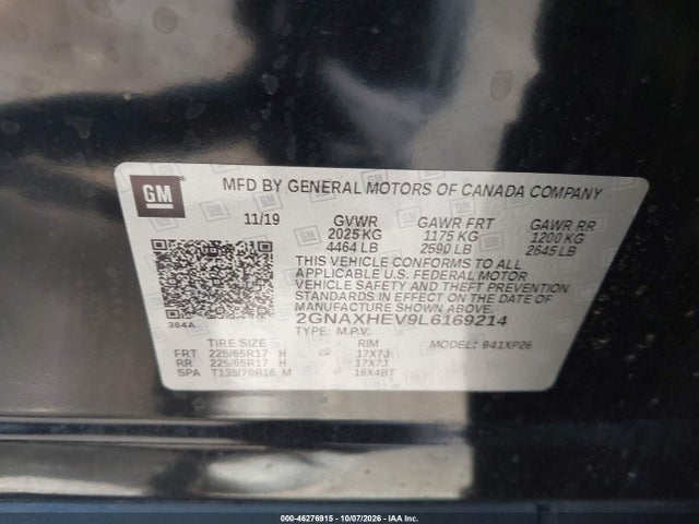 46276915 :رقم المزاد ، 2GNAXHEV9L6169214 vin ، 2020 Chevrolet Equinox Fwd Ls مزاد بيع