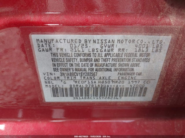 2025 Nissan Sentra Sv მანქანა იყიდება აუქციონზე, vin: 3N1AB8CV1SY282567, აუქციონის ნომერი: 46276920