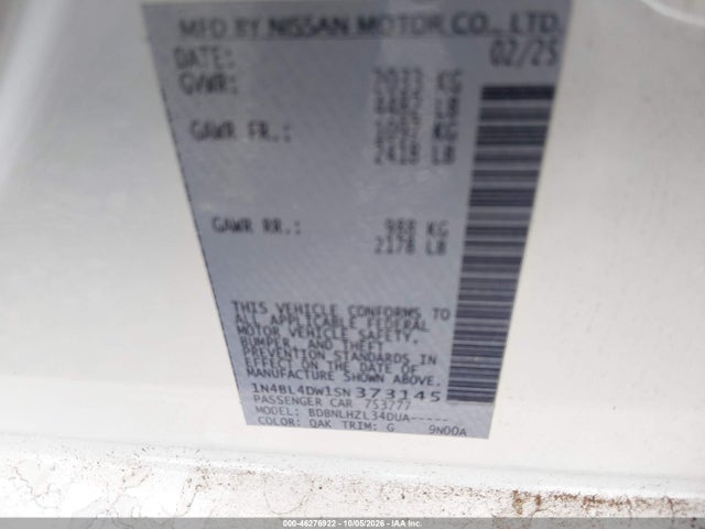 2025 Nissan Altima Sv Awd მანქანა იყიდება აუქციონზე, vin: 1N4BL4DW1SN373145, აუქციონის ნომერი: 46276922