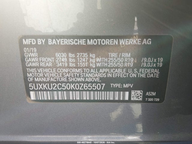 BMW X6 Xdrive35i 2019 5UXKU2C50K0Z65507 Image 9