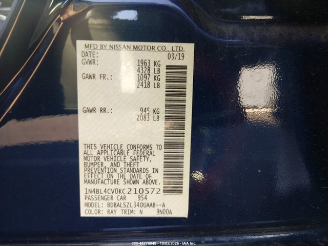 46276948 :رقم المزاد ، 1N4BL4CV0KC210572 vin ، 2019 Nissan Altima 2.5 Sr مزاد بيع