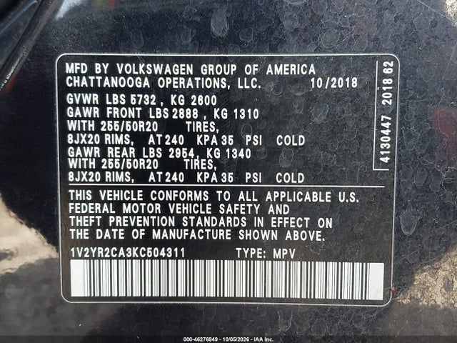 46276949 :رقم المزاد ، 1V2YR2CA3KC504311 vin ، 2019 Volkswagen Atlas 3.6l V6 Se W/technology R-line مزاد بيع
