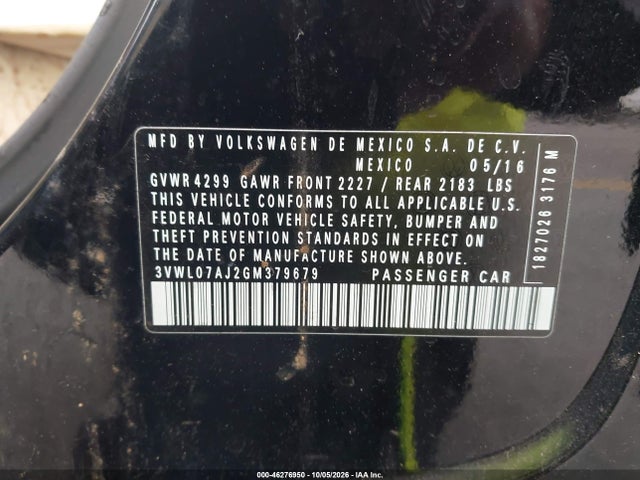 Aukcja sprzedaży 2016 Volkswagen Jetta 1.8t Sel, vin: 3VWL07AJ2GM379679, numer aukcji: 46276950