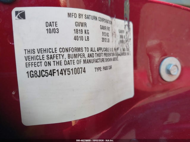 46276959 :رقم المزاد ، 1G8JC54F14Y510074 vin ، 2004 Saturn L300 1 مزاد بيع