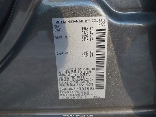 Продажа на аукционе авто 2026 Nissan Altima Sv Fwd, vin: 1N4BL4DV8TN305692, номер лота: 46276975