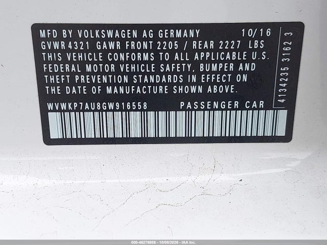 WVWKP7AU8GW916558 Volkswagen E-golf Se