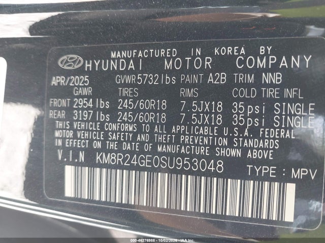 2025 Hyundai Palisade Sel მანქანა იყიდება აუქციონზე, vin: KM8R24GE0SU953048, აუქციონის ნომერი: 46276988