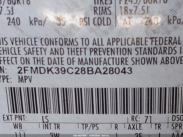 2008 Ford Edge Limited მანქანა იყიდება აუქციონზე, vin: 2FMDK39C28BA28043, აუქციონის ნომერი: 46276991