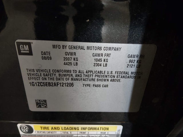 Продажа на аукционе авто 2010 Chevrolet Malibu Lt, vin: 1G1ZC5EB2AF121206, номер лота: 46276993