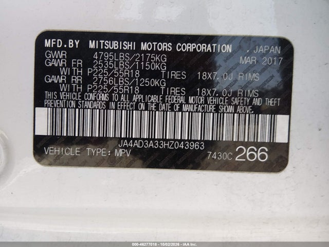 Aukcja sprzedaży 2017 Mitsubishi Outlander Se, vin: JA4AD3A33HZ043963, numer aukcji: 46277018