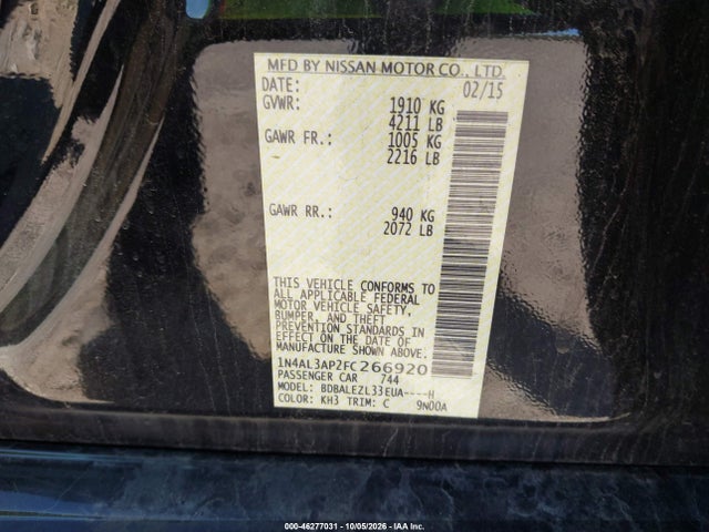 Aukcja sprzedaży 2015 Nissan Altima 2.5 S, vin: 1N4AL3AP2FC266920, numer aukcji: 46277031