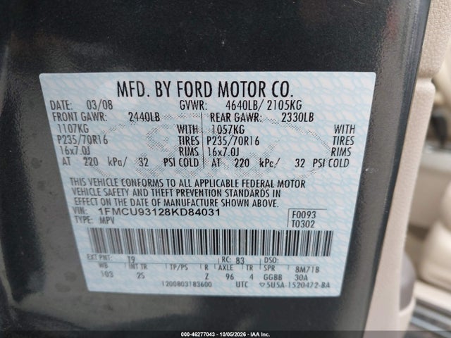 Продажа на аукционе авто 2008 Ford Escape Xlt, vin: 1FMCU93128KD84031, номер лота: 46277043