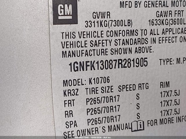 Продажа на аукционе авто 2007 Chevrolet Tahoe Lt, vin: 1GNFK13087R281905, номер лота: 46277048