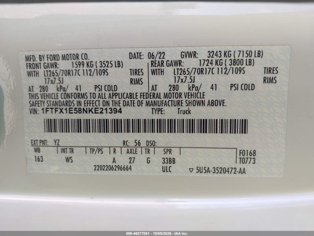 2022 Ford F-150 Xl მანქანა იყიდება აუქციონზე, vin: 1FTFX1E58NKE21394, აუქციონის ნომერი: 46277051