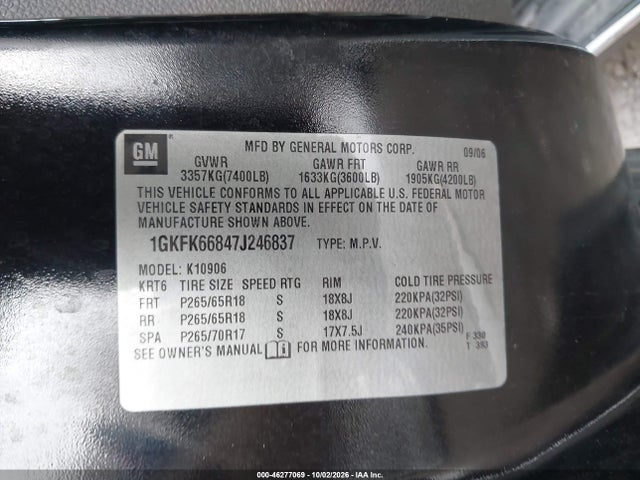 2007 Gmc Yukon Xl 1500 Denali მანქანა იყიდება აუქციონზე, vin: 1GKFK66847J246837, აუქციონის ნომერი: 46277069