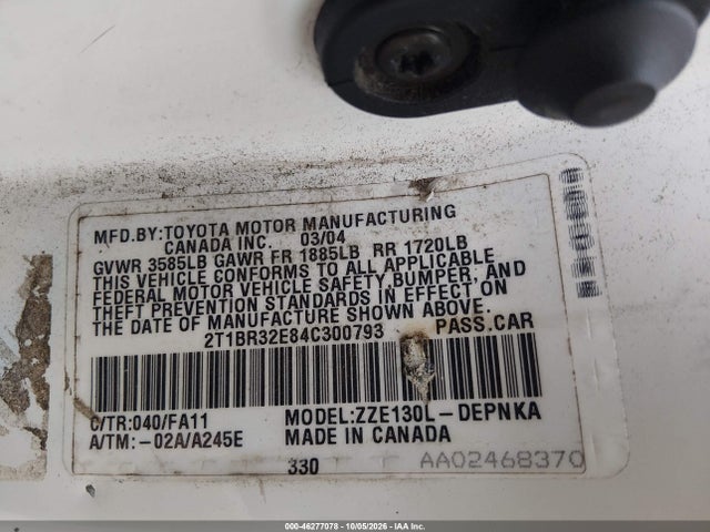 46277078 :رقم المزاد ، 2T1BR32E84C300793 vin ، 2004 Toyota Corolla Le مزاد بيع