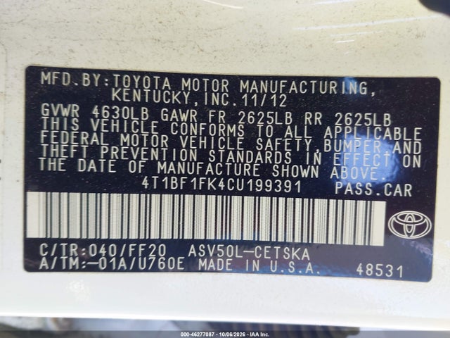 Aukcja sprzedaży 2012 Toyota Camry Se, vin: 4T1BF1FK4CU199391, numer aukcji: 46277087