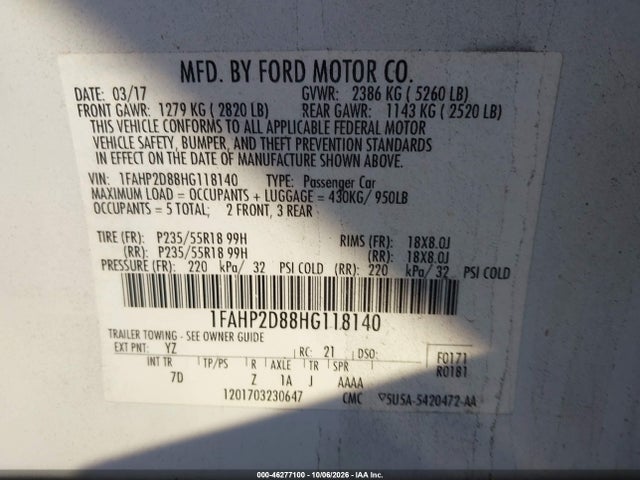 Продаж на аукціоні авто 2017 Ford Taurus Se, vin: 1FAHP2D88HG118140, номер лоту: 46277100