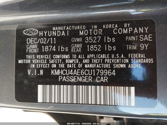 2012 Hyundai Accent Gls მანქანა იყიდება აუქციონზე, vin: KMHCU4AE6CU179964, აუქციონის ნომერი: 46277116