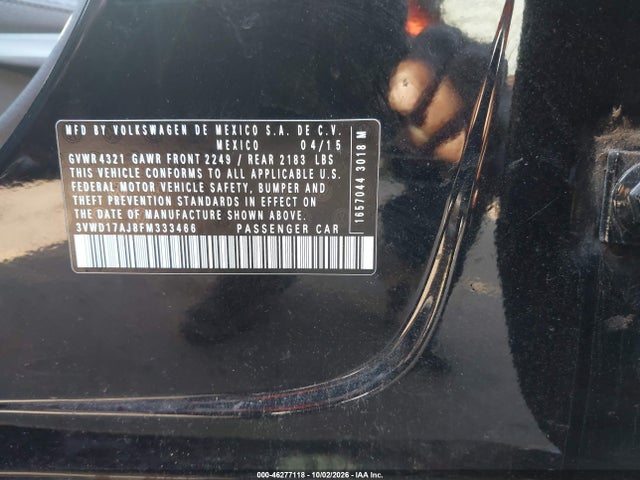 2015 Volkswagen Jetta 1.8t Se მანქანა იყიდება აუქციონზე, vin: 3VWD17AJ8FM333466, აუქციონის ნომერი: 46277118