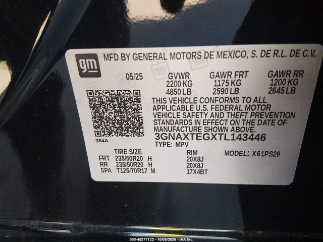 2026 Chevrolet Equinox Awd Rs მანქანა იყიდება აუქციონზე, vin: 3GNAXTEGXTL143446, აუქციონის ნომერი: 46277122
