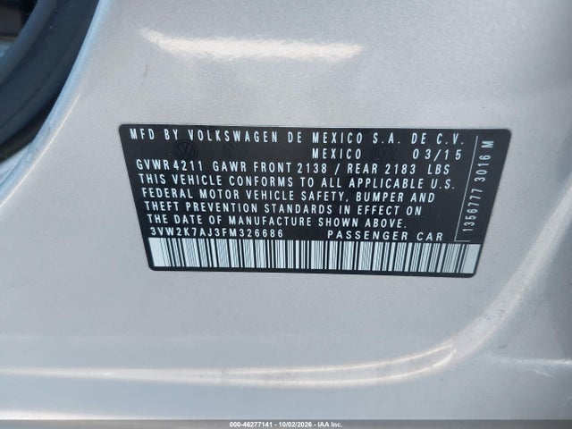 Продажа на аукционе авто 2015 Volkswagen Jetta 2.0l S, vin: 3VW2K7AJ3FM326686, номер лота: 46277141