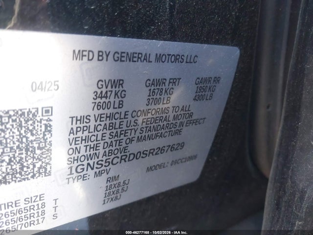 Aukcja sprzedaży 2025 Chevrolet Suburban 2wd Lt, vin: 1GNS5CRD0SR267629, numer aukcji: 46277168