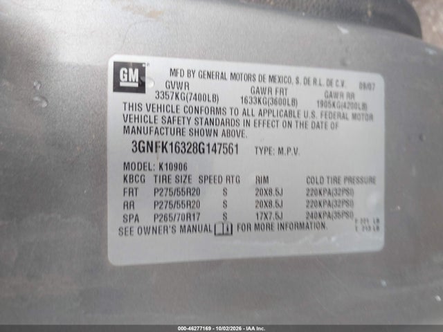 Aukcja sprzedaży 2008 Chevrolet Suburban 1500 Lt, vin: 3GNFK16328G147561, numer aukcji: 46277169