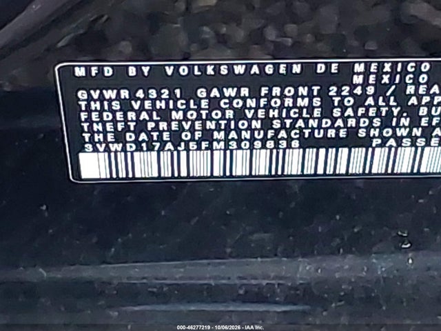 2015 Volkswagen Jetta 1.8t Se მანქანა იყიდება აუქციონზე, vin: 3VWD17AJ5FM309836, აუქციონის ნომერი: 46277219