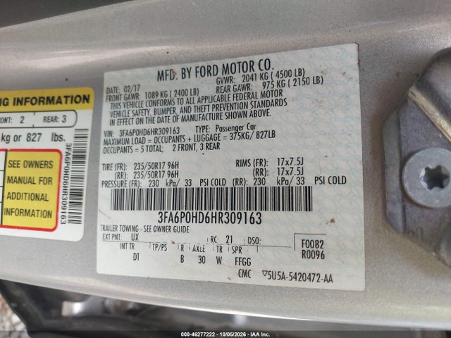 Aukcja sprzedaży 2017 Ford Fusion Se, vin: 3FA6P0HD6HR309163, numer aukcji: 46277222