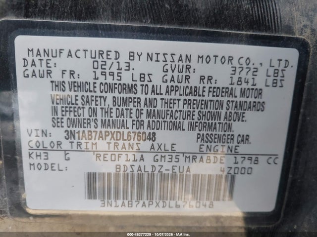Aukcja sprzedaży 2013 Nissan Sentra Sv, vin: 3N1AB7APXDL676048, numer aukcji: 46277229