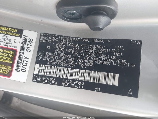 46277256 :رقم المزاد ، 5TDBK22C58S015303 vin ، 2008 Toyota Sienna Limited مزاد بيع