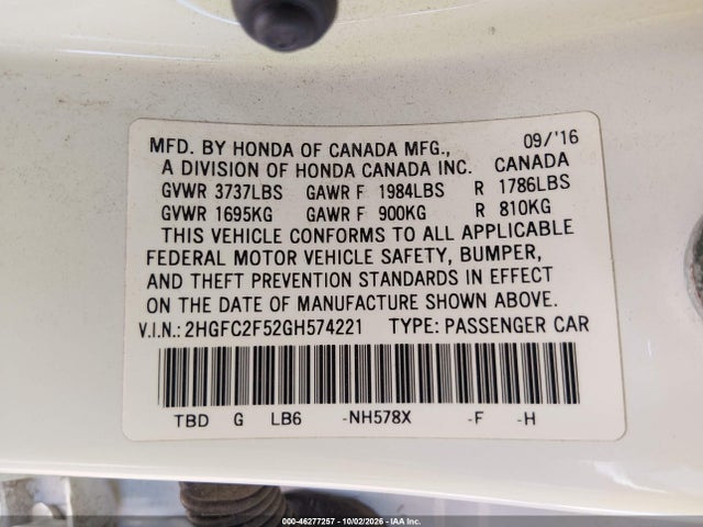 Продажа на аукционе авто 2016 Honda Civic Lx, vin: 2HGFC2F52GH574221, номер лота: 46277257