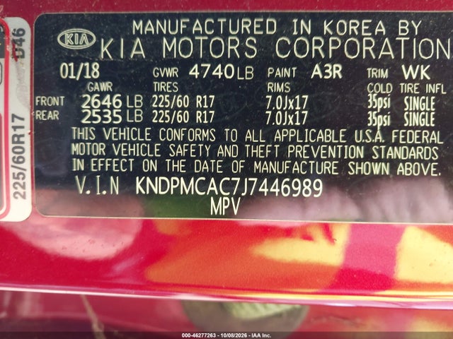 46277263 :رقم المزاد ، KNDPMCAC7J7446989 vin ، 2018 Kia Sportage Lx مزاد بيع