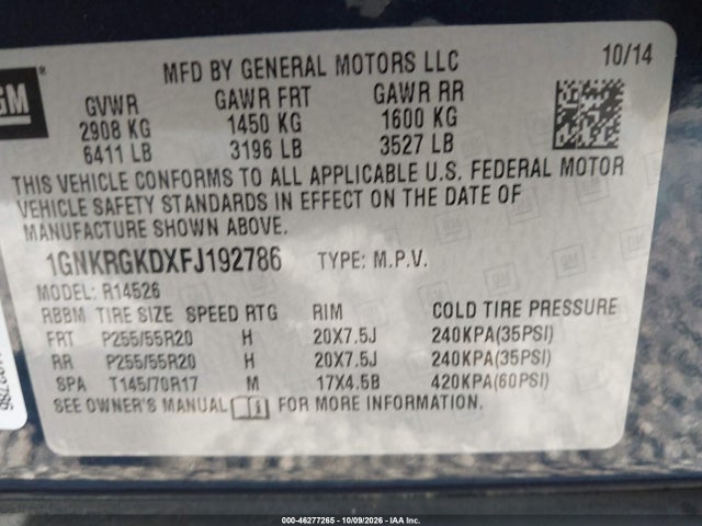 Aukcja sprzedaży 2015 Chevrolet Traverse 1lt, vin: 1GNKRGKDXFJ192786, numer aukcji: 46277265