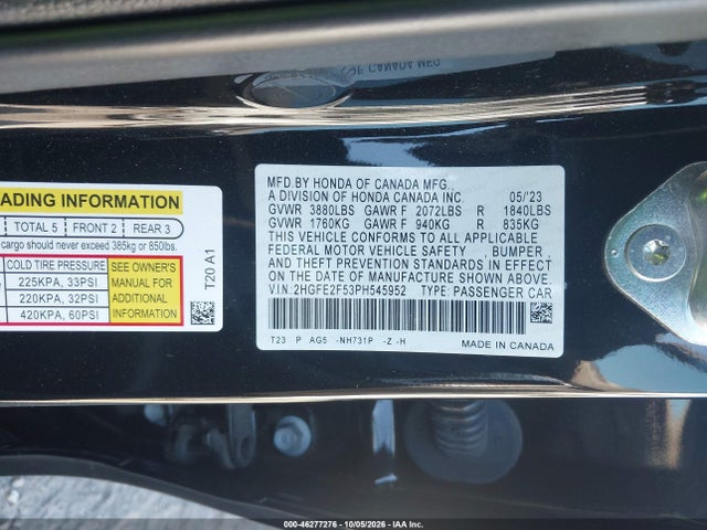 Продажа на аукционе авто 2023 Honda Civic Sport, vin: 2HGFE2F53PH545952, номер лота: 46277276