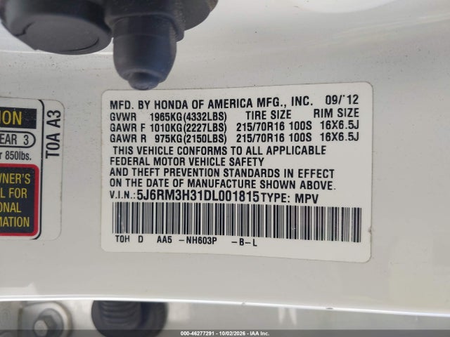Aukcja sprzedaży 2013 Honda Cr-v Lx, vin: 5J6RM3H31DL001815, numer aukcji: 46277291