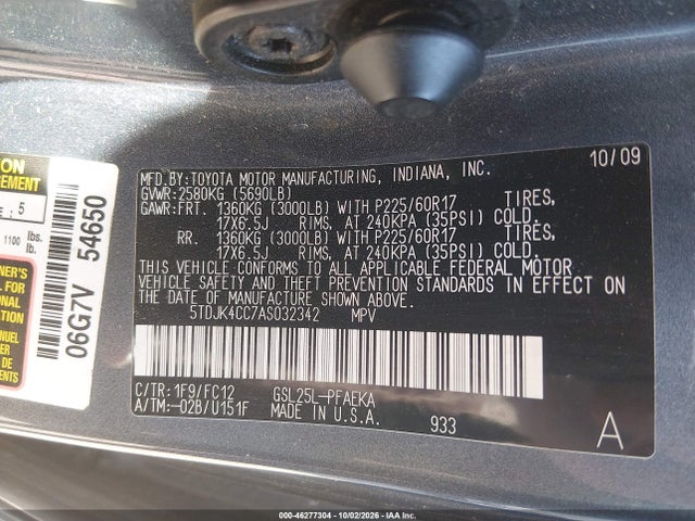 Aukcja sprzedaży 2010 Toyota Sienna Le, vin: 5TDJK4CC7AS032342, numer aukcji: 46277304