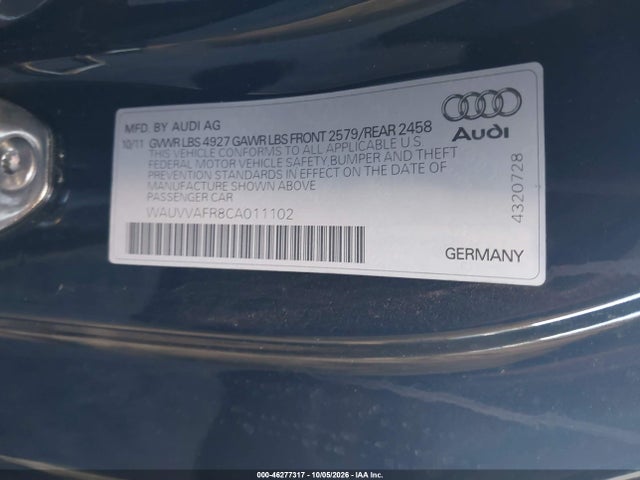 Auction sale of the 2012 Audi S5 4.2 Premium Plus, vin: WAUVVAFR8CA011102, lot number: 46277317