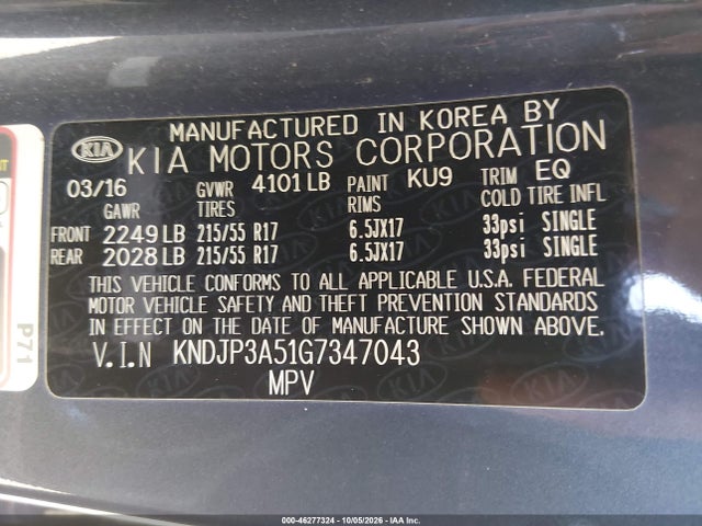 46277324 :رقم المزاد ، KNDJP3A51G7347043 vin ، 2016 Kia Soul + مزاد بيع