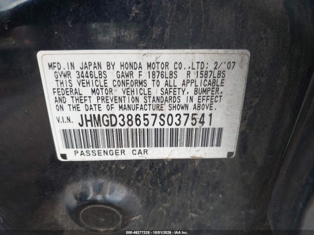 46277328 :رقم المزاد ، JHMGD38657S037541 vin ، 2007 Honda Fit Sport مزاد بيع