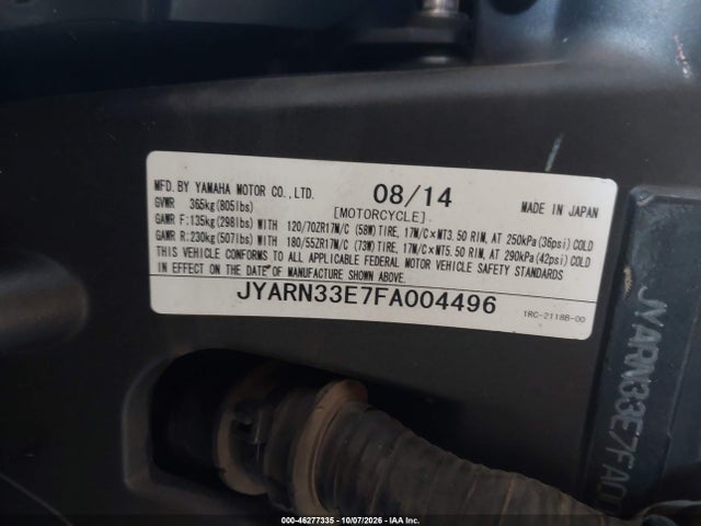 46277335 :رقم المزاد ، JYARN33E7FA004496 vin ، 2015 Yamaha Fz09 مزاد بيع