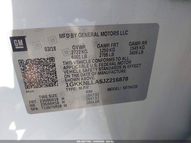 Продаж на аукціоні авто 2018 Gmc Acadia Sle-2, vin: 1GKKNLLA5JZ216878, номер лоту: 46277352