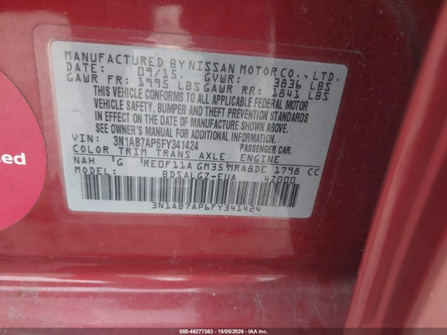 2015 Nissan Sentra Sl მანქანა იყიდება აუქციონზე, vin: 3N1AB7AP6FY341424, აუქციონის ნომერი: 46277363