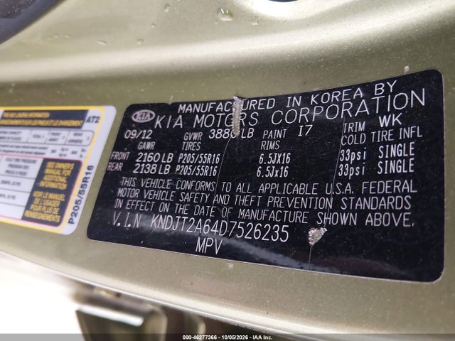46277366 :رقم المزاد ، KNDJT2A64D7526235 vin ، 2013 Kia Soul + مزاد بيع