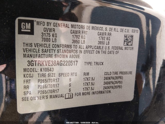 2010 Gmc Sierra 1500 Sle მანქანა იყიდება აუქციონზე, vin: 3GTRKVE38AG220517, აუქციონის ნომერი: 46277369