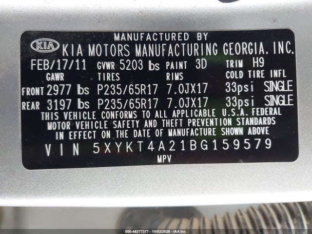 Aukcja sprzedaży 2011 Kia Sorento Lx V6, vin: 5XYKT4A21BG159579, numer aukcji: 46277377