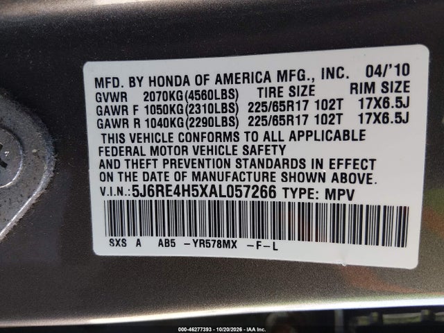 Продаж на аукціоні авто 2010 Honda Cr-v Ex, vin: 5J6RE4H5XAL057266, номер лоту: 46277393