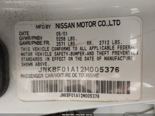 2002 Infiniti Q45 Luxury მანქანა იყიდება აუქციონზე, vin: JNKBF01A12M005376, აუქციონის ნომერი: 46277395